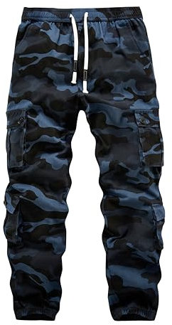 APTRO Herren Cargo Hose Camouflage Freizeithose Elastische Taille Arbeitshose Lange Baumwolle Jogginghose mit 8 Tachen LT45 Blaue Tarnfarbe 2XL