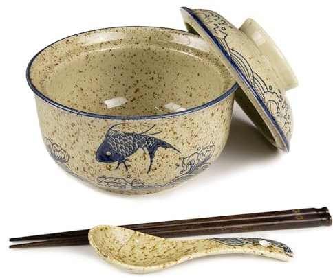 HLWDXno1 Ensemble de Bols à Ramen en céramique avec Couvercle 800 ML pour 1 Personne, Grands Bols à Soupe Japonais Vintage, Bol à Nouilles instantanées, Vaisselle Asiatique, cuillère et Baguettes, po