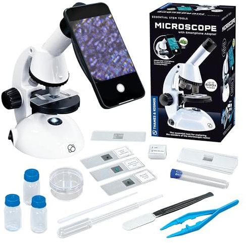 Das Thames & Kosmos Mikroskop Essential STEM Tool mit Smartphone-Adapter zum Erfassen und Anzeigen mikroskopischer Bilder, Einsteiger-Schüler-Wissenschaftsgerät, 60-fache bis 600-fache Vergrößerung &