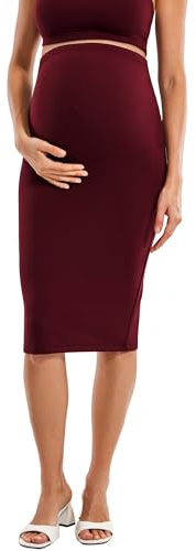 MOMANDA Women' s Maternity Skirt High Waist Midi Pencil Skirt with Slit Stretchy Pregnancy Casual Red Merlot Medium