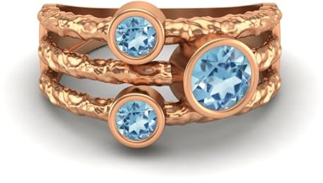 MOONEYE 0,70 Ctw-Runde Aquamarin Ring mit geteiltem Schaft, gehämmertes geteiltes Band, 925er-Sterlingsilber, Trio-Stein-Ring Roségold Vermeil, 49