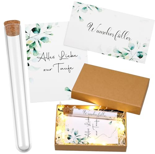 BBTO Geldgeschenke zur Taufe inklusive Kunststoff Reagenzglas mit Papier Lichterkette Raffia Gras Alles Liebe zur Taufe Karte Band und Geschenkbox Taufgeschenk Verpackung für Mädchen Jungen