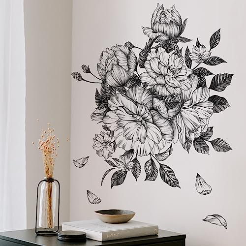WandSticker4U®- [Vintage Style] Wandtattoo BLUMEN schwarz/weiß (69x76 cm) I Wandsticker Blumen Aufkleber Frühling gezeichnet I Wanddeko Wohnzimmer Schlafzimmer Küche Flur Bad Möbel Aufkleber GROß