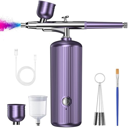 Airbrush Kit with Compressor, 48PSI Cordless Non-Clogging High-Pressure Air Brush Gun with 0.3mm Nozzle and Cleaning Brush Set for Graffiti Painting, Nail Art, Makeup, Cake Decor (Purple)