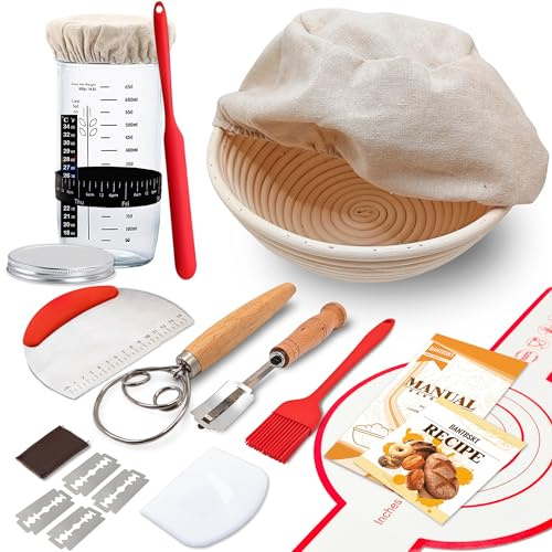 Complete Sourdough Starter Kit, Sourdough Bread Baking Supplies, Banneton Bread Proofing Basket with Sourdough Starter Jar, 9inch Round Bread Proofing Basket, for Bread Baking