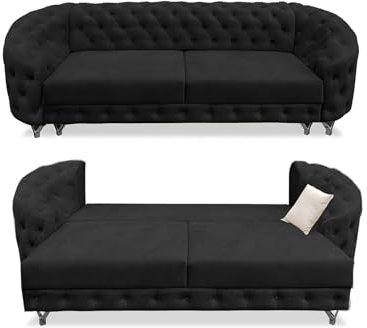 SILKMARKS® Chesterfield Sofa mit Schlaffunktion - 3-Sitzer Sofa - Premium Komfort - Wasserabweisender und kratzfester Samt - Couch mit extra Stauraum - Elegantes Design (Schwarz)