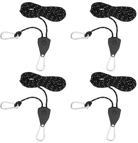 4 Piece Reflective Tent Mounting Rope with Pulley, Ratchet Hook, Aluminum Adjuster for Plant Grow Lights, Camping, Hiking, Awnings - Durable and Adjustable