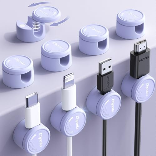 9 Pack Magnetic Cord Organizer [Upgraded Twist-Lock Clips], [360°Rotating Lid] Chfeila Adhesive Cable Management Clips, Phone Charger Cord Holder for Desk Nightstand Car Table Wall, Purple