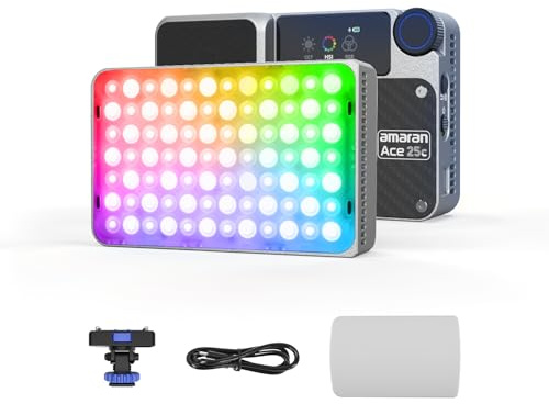 Amaran Ace 25c RGBWW Full Color LED Light, 32W On-Camera Video Light, 2300K-10000K, 5908 Lux @ 0.5m, USB-C Fast Charging, Magnetic Mount, 12 Lighting Effects, Wireless amaran App Control - Sliver