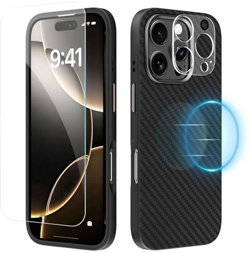 X-level for iPhone 16 Pro Max Case, Compatible with MagSafe, 1 Magnetic Phone Case with 1 HD Screen Protector and 1 Camera Lens Protector, Carbon Fiber Design Shockproof Protective Cover, Black