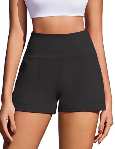 PINSPARK Sporthose Kurz Damen High Waist Sport Shorts Sport Leggings Schnelltrocknend Running Jogging Workout Fitness Gym Shorts Laufshorts Sommershorts Leicht mit 2 Tasche Schwarz M