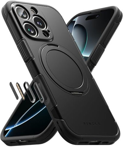 Ringke Alles Coque iPhone 16 Pro Antidérapant Antichoc Protection Cache du Bouton de Commande de l'Appareil Photo Robuste Flexible Ultra Fine TPU Souple Durable Béquille Intégrée Étui - Black