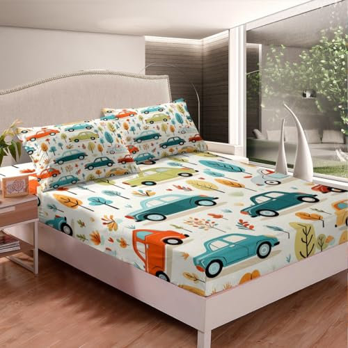 Homemissing Cartoon Auto Spannbetttuch Jungen Mädchen Luxus Auto Bettlaken Set für Kinder Bunt Bäume Spannbettlaken 160x200cm Bunt Auto Bettlaken 2Stück