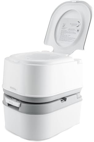 DIYHOM Campingtoilette mit Spülung, 24L+20L Tragbar Mobile Toilette mit Kolbenpumpe, Füllstandsanzeige, Bürste, Reisetoilette Camping WC, Weiß