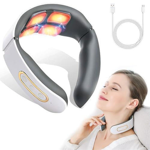 Nackenmassagegerät,6 Modi 9 Intensitätsstufen Kabellos Tragbares Elektrisches Massagegerät,4-Kopf-Puls-Massage und Heizfunktion mit konstanter Temperatur für Nacken zur Schmerzlinderung