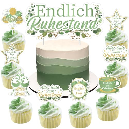 Cheereveal 13 Stück Endlich Ruhestand Cake Deko Salbeigrün, Feierabend Endlich Frei Cake Cupcake Toppers, Alles Gute zum Ruhestand Party Dekorationen Zubehör für Männer Frauen