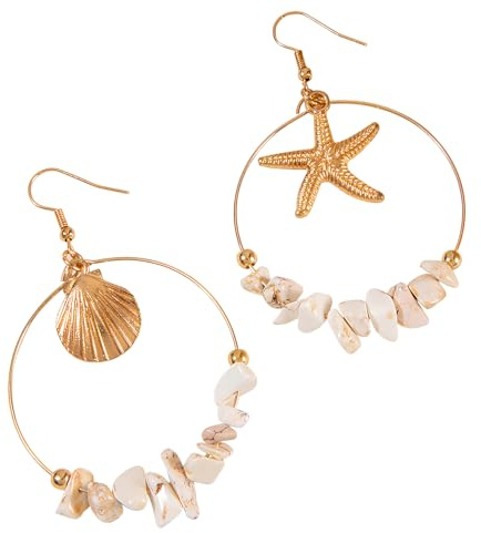 Cosswe Boucles d'oreilles asymétriques en coquillage et étoile de mer Boucles d'oreilles de plage Boho Bijoux de vacances d'été Boucles d'oreilles géométriques en gravier (Ohrringe-3)