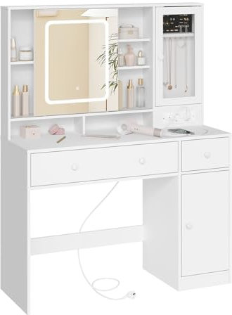 WOLTU Tocador Maquillaje con Joyero, Espejo Luz LED Ajustable, Mesa Tocador Maquillaje con Enchufes, Cajones y Estantes, Blanca, MB6125ws