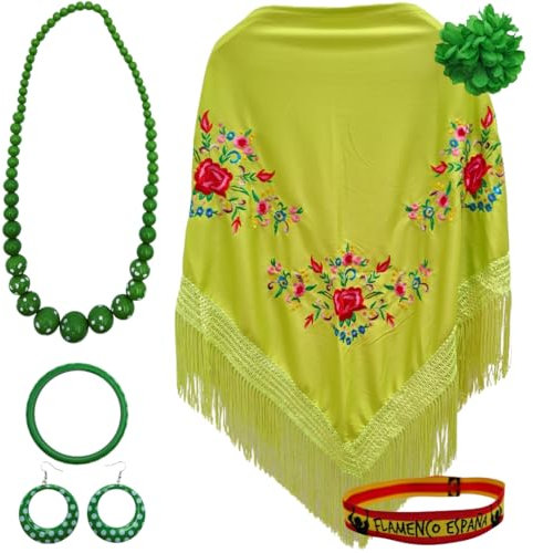 Châle de Manille avec accessoires : châle de Manille avec fleurs brodées, pince à cheveux fleur, collier, bracelet et boucles d'oreilles flamant rose et bracelet en tissu., Vert 3 fleurs, L