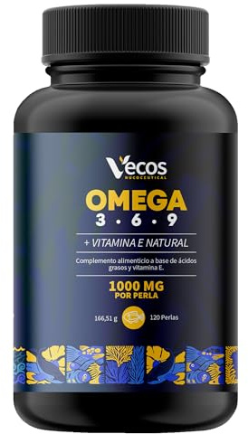 Omega 3-6-9 1000mg - 120 Cápsulas de Aceite de Pescado, Lino y Onagra - Con Vitamina E - Ácidos Grasos Esenciales para Salud Cardiovascular (120 Cápsulas (1 Bote), 1)