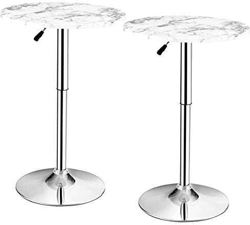 COSTWAY 60cm Round Marble Bar Table, Height Adjustable & 360° Swivel Counter Pub Tables with Sliver Base and Non-slip Rubber Ring, Bistro Cocktail Table for Home Office Dining Room Kitchen (2, White)
