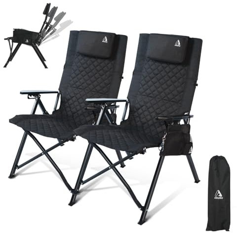 ARURU Campingstuhl Stuhl,Gartenstuhl Hochlehner Rückenverstellbar 4 Positionen Klappstühle Handlauf aus Holz Gepolstert mit Seitentasche Angelstuhl Outdoor Für Camp Garten Balkon (Schwarz, 2 PCS)