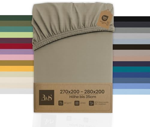Bettwaesche-mit-Stil Familienbett Spannbettlaken Jersey Spannlaken Spannbetttuch (270x200-280x200 cm, Matratzenhöhe bis 35cm, Braun (Taupe)) Gewicht: 180g/m², 90% Baumwolle 10% Elasthan