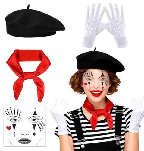 JJZENKD Karneval Pantomime Kostüm Damen, Clown Kostüm Mädchen, Schwarze Pantomime Mütze Rote Tuch weiße Handschue Gesichtes Tattoo, Faschingskostüme Karneval Kostüm Themenpartys Cosplay