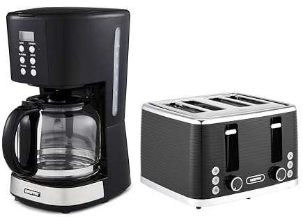 GEEPAS 900W 1.5L Filter Coffee Machine & 1600W 4 Slice Toaster Combo Set | Programmable Drip Coffee Espresso 40min Keep Warm Timer