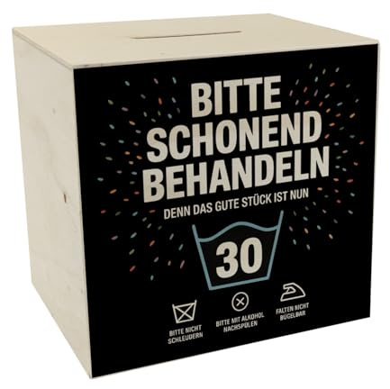 speecheese Spardose aus Holz Wäschepflegeetikett Bitte schonend behandeln | wird 30 Humorvolle Sparbüchse für den 30. Geburtstag
