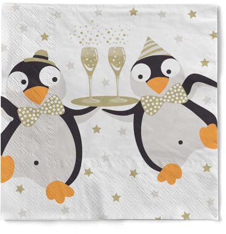 HAPPY PAPER Serviette Pinguin aus 3-lagigem Tissue, 33x33cm, 20 Stück | 1/4 Falz, Design 2 Pinguine servieren Sektgläser, perfekte Tischdeko für Silvester und Winterfeiern