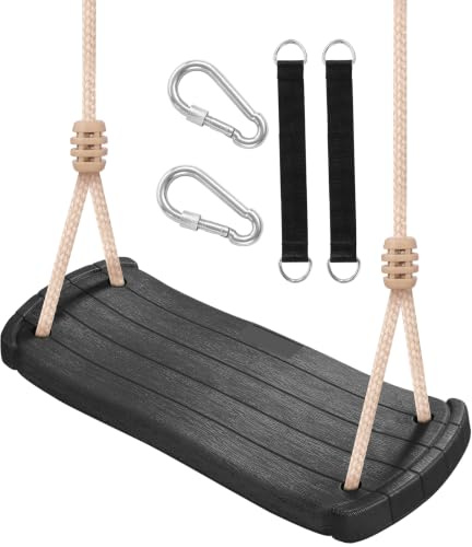 Hryniiex Kinderschaukel Outdoor | Schaukelsitz für Kinder ab 3 J. & Erwachsene bis 120kg | Schaukelbrett wetterfest, PE-Kunststoff, höhenverstellbar 140-180cm mit Baumgurten und Karabinern, Schwarz
