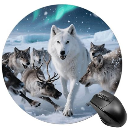 Arctic Wolf Pack Jagd-Mauspad, rund, Leder, rutschfeste Gummiunterseite, Mauspad, wasserdicht, Computer-Mauspad für Laptop, kabellose Maus, Tastatur, Heimbüro