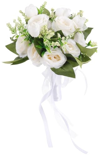 BESTYASH Bouquet da Sposa Artificiale Bianco, Mazzo Floreale per Matrimonio e Addio al Nubilato, Decorazione Resistente e Leggera per Cerimonie e Fotografie