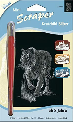 MAMMUT 130006 - Kratzbild, Motiv Tiger, silber, glänzend, mini, Komplettset mit Kratzmesser und Übungsblatt, Scraper, Scratch, Kritzel, Kratzset für Kinder ab 8 Jahre
