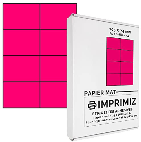 200 Selbstklebende Etiketten Neonpink von 105 x 74 mm - 8 Etiketten/Blatt - 25 Blatt A4 / Papier matt - Farbe - Für Inkjet/Laser/Kopier Drucker - Etiketten farbig
