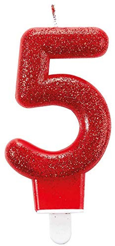 Amscan 9900766 - Zahlenkerze 5, Höhe 7,6 cm, Null, Rot, Glitzer, Tortenkerze, Kerze, Geburtstag, Kuchen, Dekoration