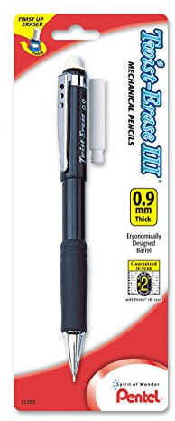 Pentel Twist-Erase III Automatic Pencil with 1 Eraser Refill, 0.9mm, Assorted Barrels, 1 Pack (QE519BP-K6)