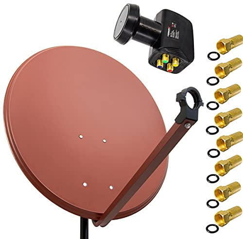 Premium X Satelliten-Komplettanlage 80cm Satellitenschüssel Ziegelrot Satellitenantenne Quad LNB 8X F-Stecker, SAT für 4 Teilnehmer