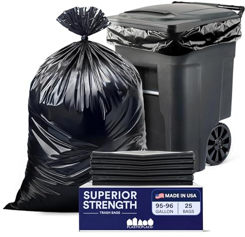 Plasticplace 95-96 gallon Garbage Can Liners │ 3 Mil │ Black Heavy Duty Trash Bags │ 61” x 68”, 25 Count (Pack of 1)