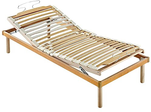 Marcapiuma - Rete a Doghe Manuale Singola 80x190 Alta 35 cm Modello NATURE MED Legno di Faggio Naturale 11 Regolazioni Ammortizzatori Rigidità Lombare 4 Piedi Legno di Faggio Ortopedica Made in Italy