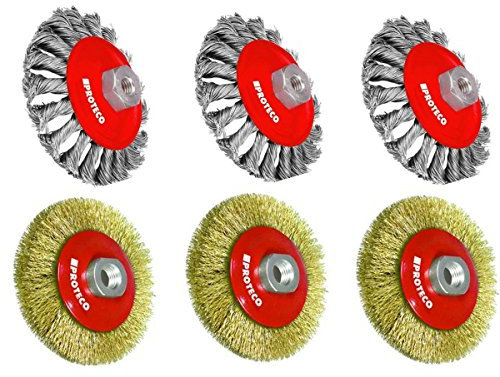 Proteco-Werkzeug® Set 6 tlg Drahtbürsten für Winkelschleifer Kegelbürste gezopft gewellter Stahldraht Gewinde M14 x 2,0