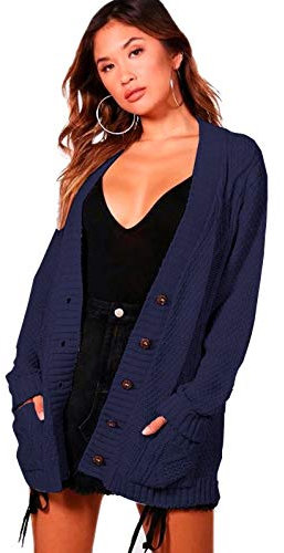 Red Olives New Women's Ladies Long Sleeve Button Top Chunky Aran Cable Knitted Grandad Cardigan UK 8-26 (12-14 Navy)