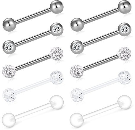 Funseedrr 10er Silber Zungenpiercing Brustwarzenpiercing Bar 316L Edelstahl Set 12mm