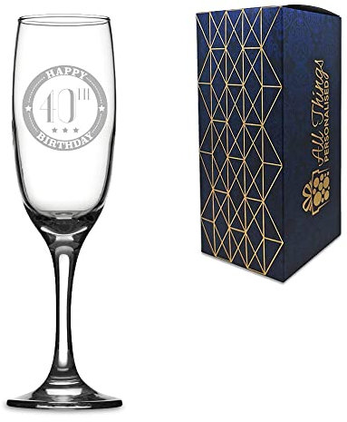 Novelty Engraved/Printed Prosecco Champagne Flute - Happy 40th Birthday - Engraved with Message