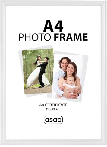 ASAB A4 Frame with 2 Wall Mounted Hooks with Quick Photo Insertion Clear Acrylic Display Tabletop Stand Lightweight A4 Picture Art Poster for Home and Office (White, Pack of 1)