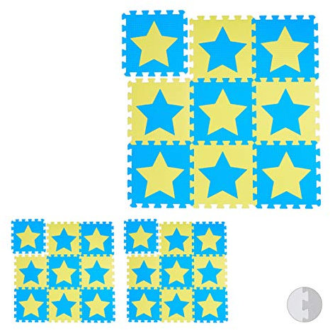 Relaxdays 27 TLG. Puzzlematte Sterne, 54 Puzzleteile, Eva Schaumstoff, schadstofffrei, Spielunterlage 91 x 91 cm, blau-gelb