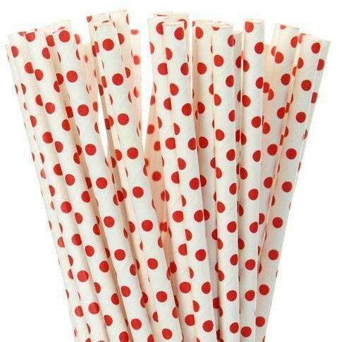 Lot de 30 pailles en papier biodégradables Blanc à pois rouges 8 mm