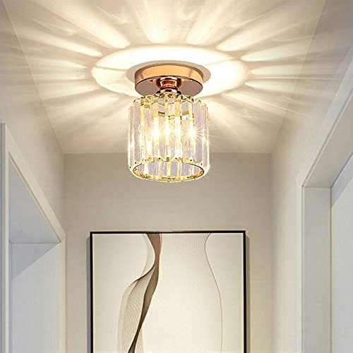 Plafonnier Moderne Lustre Abat-jour en Cristal et Métal LED Suspension Luminaire éclairage Vintage Industrielle E27 Lampe de Plafond Rond pour Chambre salon Couloir cuisine Salle à Manger, D'or