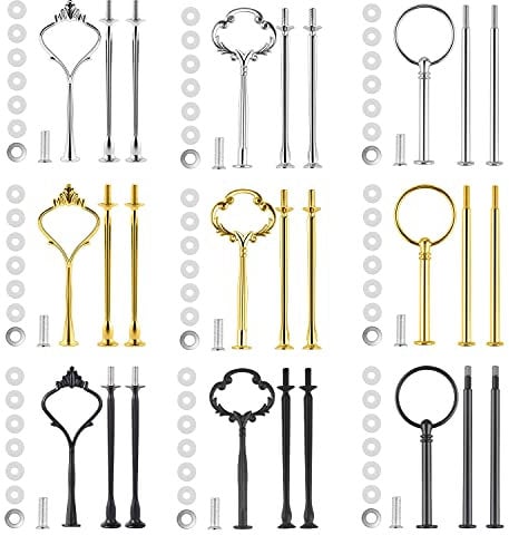 9 Set Cake Stand Fittings Kits Tiered Tray Hardware for Cake Stand Mold Crown 3 Tier Cake Stand Holder Hardware for Wedding Party Making Resin Cupcake Dessert Platter Serving Stand(Gold&Silver&Black)